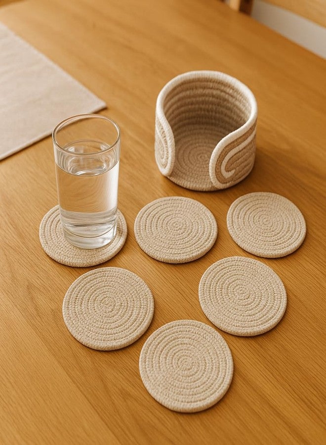 AURKA Handmade Cotton Coaster Set of 6 with Holder (Beige, 10 cm)|Round Braided Drink Mats for Hot & Cold Beverages|Eco-Friendly Absorbent Table Protectors|Decorative Tea, Coffee & Dining Coasters - Image 1